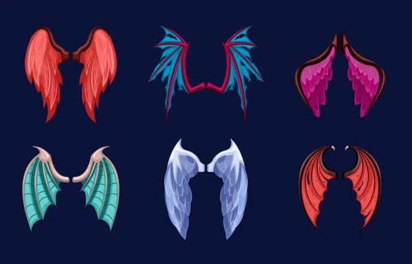 Alas mágicas y míticas criaturas establecidas. Ala colorida con plumas de colores y escamas símbolos de antiguos dragones y manticores espejos místicos de mundos paralelos. Vector fantasía de dibujos animados. — Vector de stock