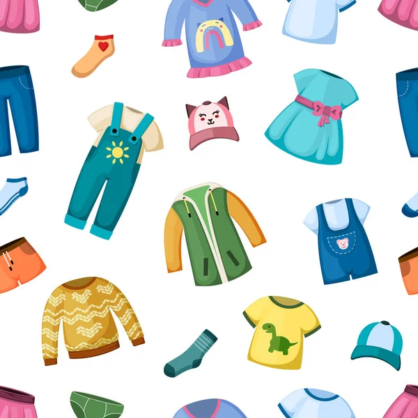 小さな子供シームレスパターンのためのファッション服。幼児のための創造的なジャンプスーツとドレス美しいTシャツとセーターかわいい現代的なスタイルを持つ楽しい子供のためのカラフルなデザイン。ベクトル小児期. — ストックベクタ
