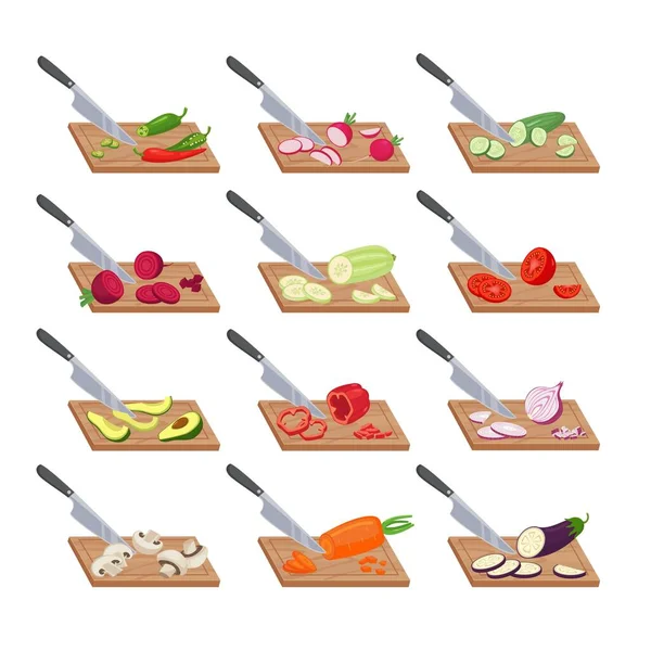 Cortar las verduras en el juego de la cocina. El cuchillo corta pimientos maduros y aguacates en rodajas finas de apetitosas ensaladas vegetarianas de tomate y berenjena. Plantilla vector salud. — Vector de stock