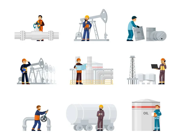 Fábricas Petróleo Gas Los Trabajadores Establecidos Trabajador Petrolero Cascos Uniformes — Archivo Imágenes Vectoriales