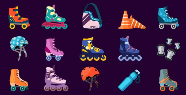Sepatu Dan Peralatan Untuk Roller Skating Set Helm Pengaman Dan - Stok Vektor