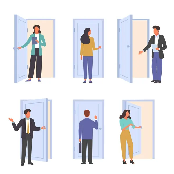 Les Gens Entrent Sortent Employés Bureau Viennent Travailler Manager Invite — Image vectorielle