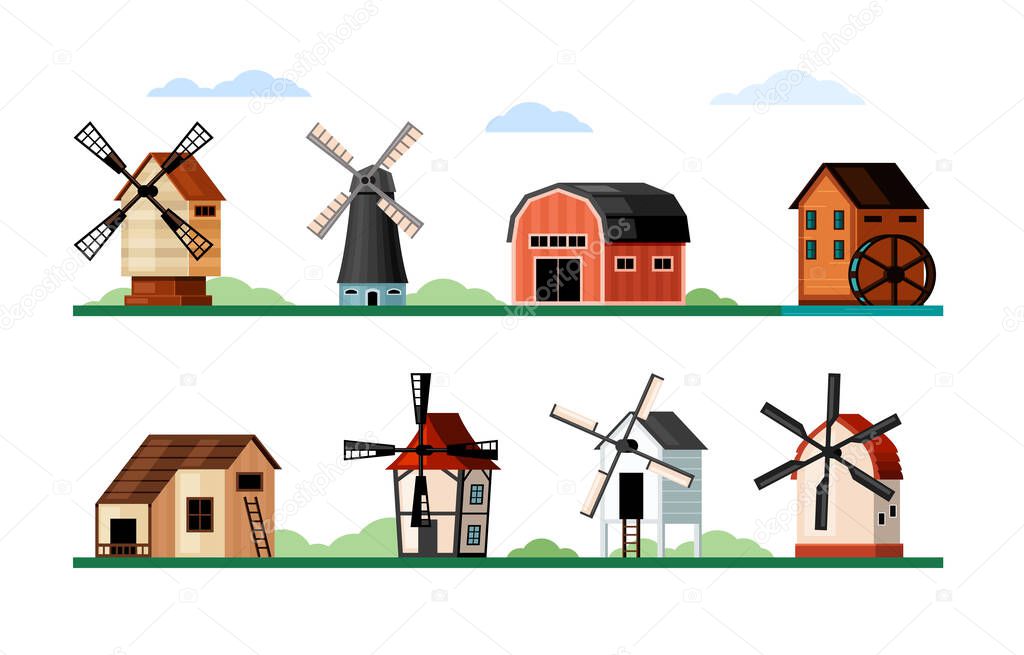 Vintage windmills set. Wood and brick buildings with blades for grinding flour rustic old design