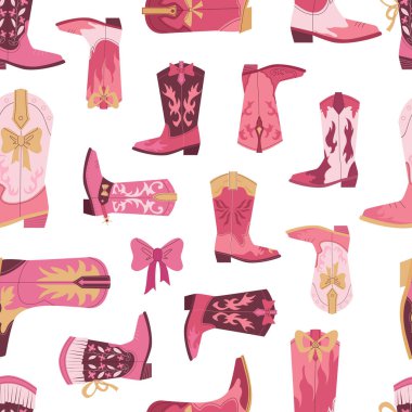 Havalı Retro Kovboy Kız Çizmeleri modeli. Kurdeleli pembe çizmeler, batı antika nostaljik çizmeler. vektör karikatürsüz desen.