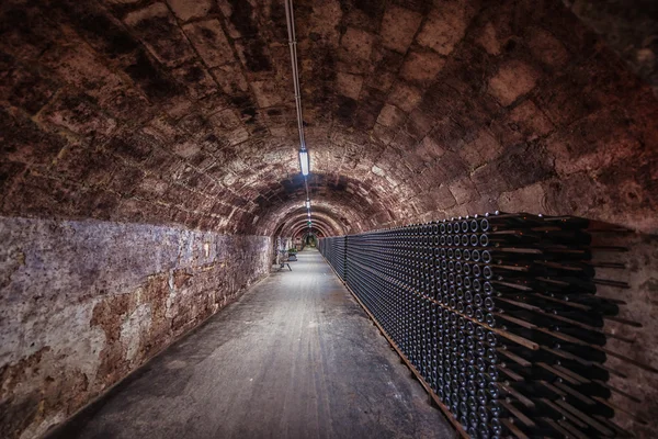 Longo túnel de tijolo subterrâneo na adega — Fotografia de Stock