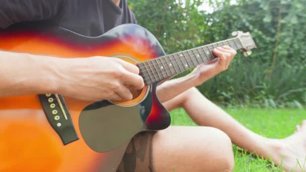 Homme assis dans l'herbe jouant de la guitare — Video