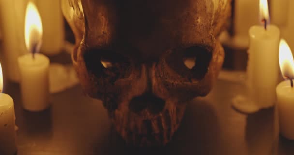 Svíčky a lidská lebka v temnotě detailní záběry — Stock video