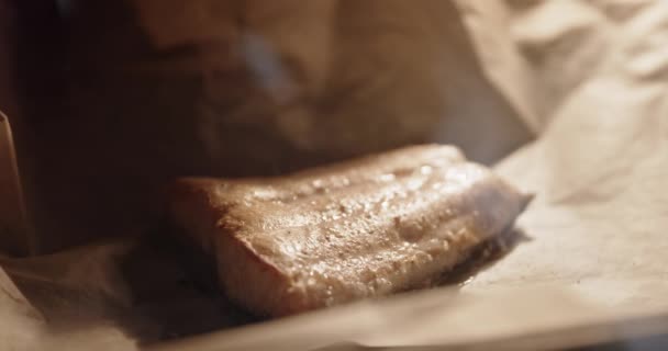 Zalm gegrild in koekenbak close-up beelden — Stockvideo