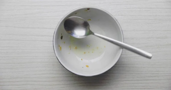 Used Bowl Food Dropping Spoon Slow Motion 120Fps Close — Stock Photo, Image