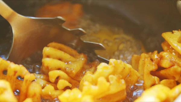 French Fries Boiling Sunflower Oil Closeup — Stock Photo, Image