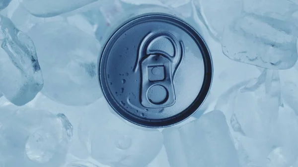 Aluminum Soda Tin Can Rotating Cool Ice Motion Closeup Footage — Stock Photo, Image