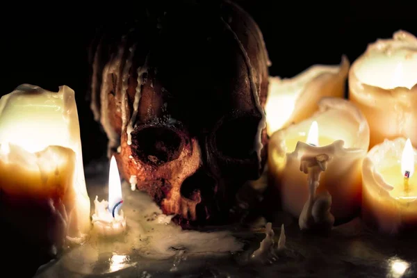 Human Skull Candle Light Close — Stock Photo, Image