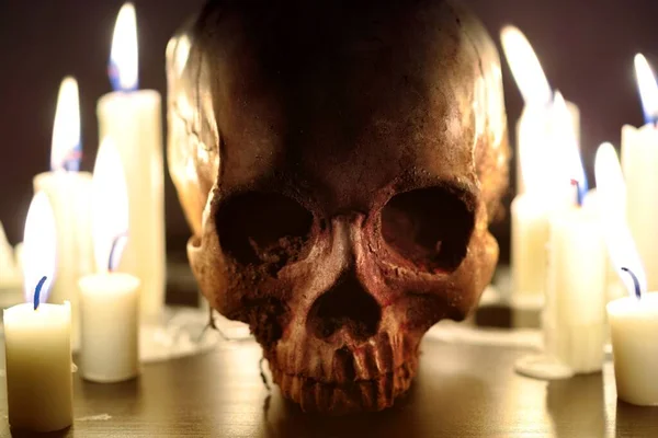 Human Skull Candle Light Close — Stock Photo, Image