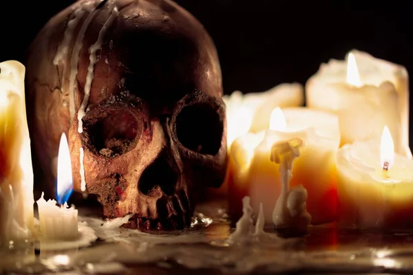 Human skull against dark background in candle light closeup — Stock Photo, Image