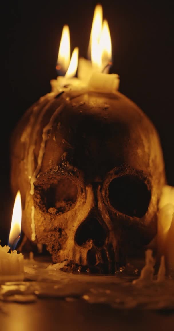 Stearinlys og kranium i mørke closeup optagelser – Stock-video