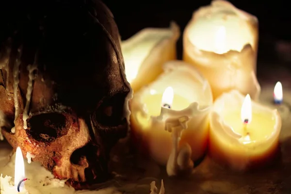 Human Skull Candle Light Close — Stock Photo, Image