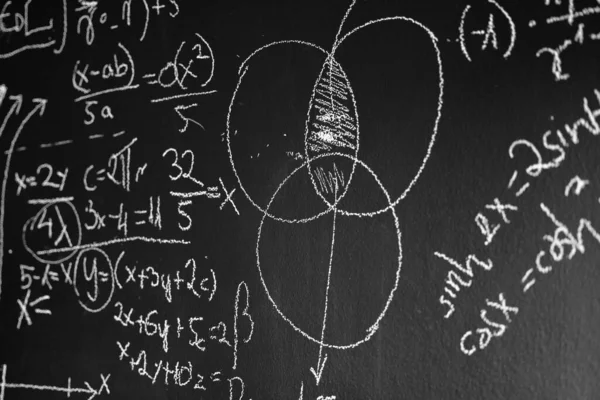 Mathematical formulas on dark black chalk board — Stock Photo, Image