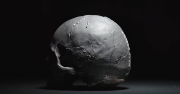 Black skull rotating against black background — Stock Video