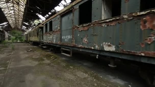 Eski tren depo glidecam görüntüleri kargo trenler — Stok video