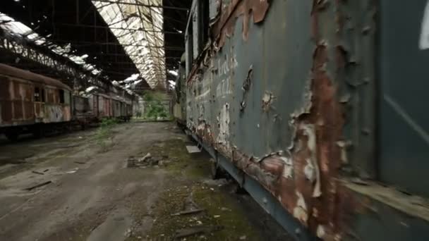 Cargo tåg i gamla train depot glidecam videomaterial — Stockvideo