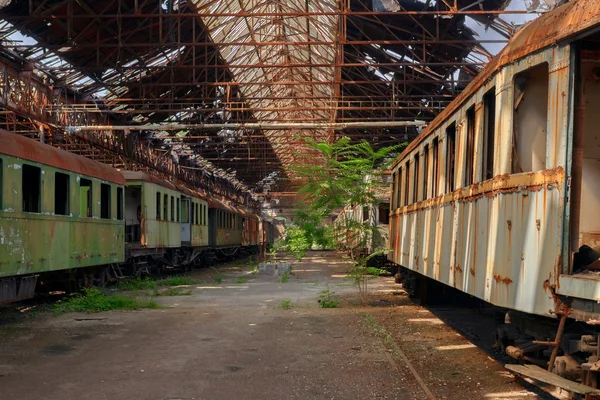 Φορτηγά τρένα στην παλαιά αποθήκη τραίνων — Φωτογραφία Αρχείου