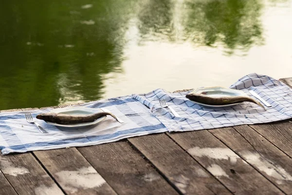 Pont en bois avec du poisson dessus — Photo