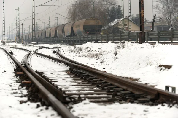 Železniční tratě na sněhu — Stock fotografie