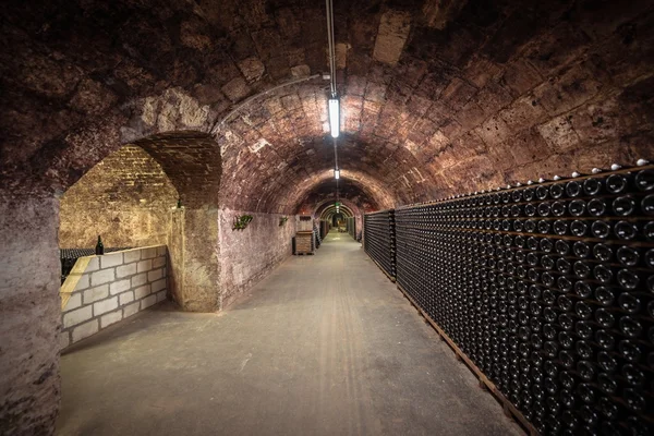 Longo túnel de tijolo subterrâneo na adega — Fotografia de Stock