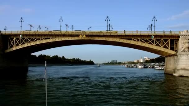 Вид на Будапешт под мостом — стоковое видео