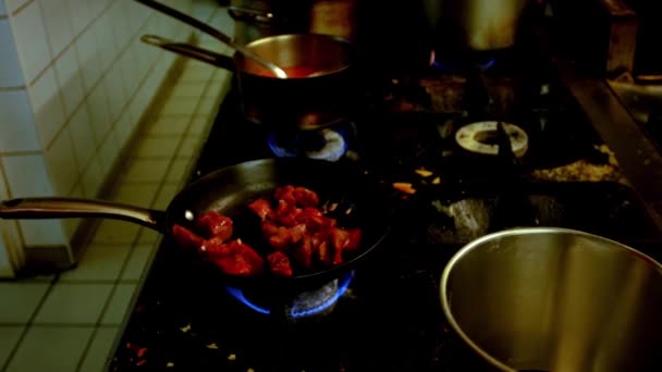 Koken van vlees in pan — Stockvideo