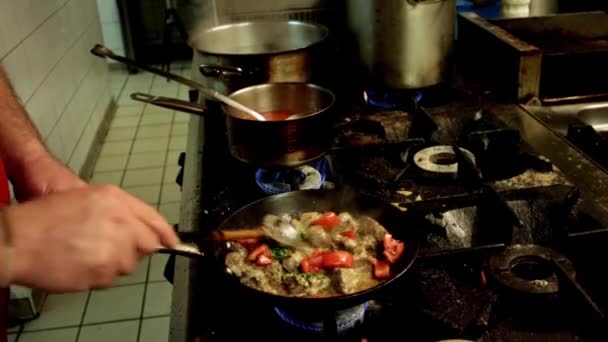 프라이팬에서 고기를 익히는 모습 — 비디오