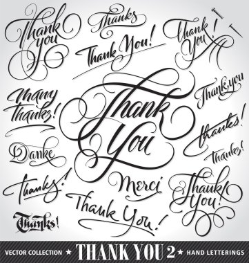 Set of custom THANK YOU hand lettering (thank you, danke, merci, thanks, many thanks), vector illustration. Hand drawn lettering card backgrounds. Modern handmade calligraphy. Hand drawn lettering elements for your design.