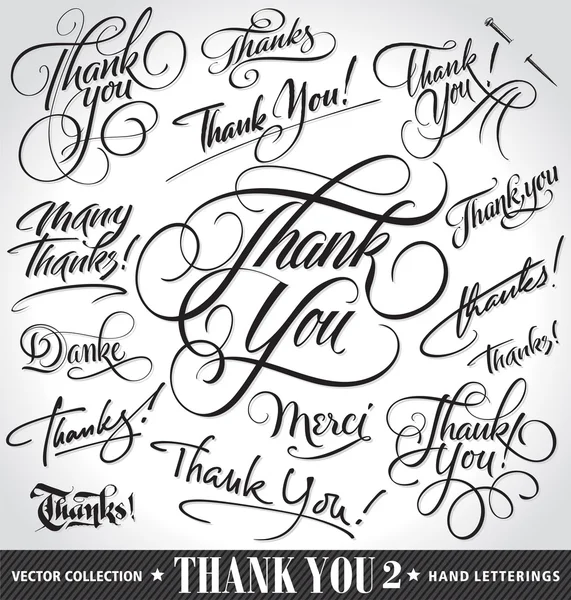 Set of custom THANK YOU hand lettering (thank you, danke, merci, thanks, many thanks), vector illustration. Hand drawn lettering card backgrounds. Modern handmade calligraphy. Hand drawn lettering elements for your design. — Stock Vector