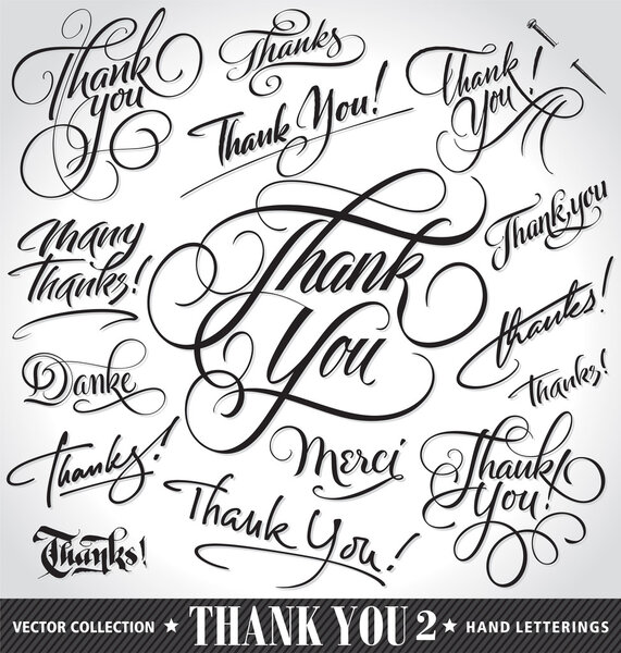 Set of custom THANK YOU hand lettering (thank you, danke, merci, thanks, many thanks), vector illustration. Hand drawn lettering card backgrounds. Modern handmade calligraphy. Hand drawn lettering elements for your design.