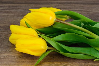 Ahşap arka plan üzerinde güzel Sarı laleler