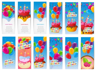 Rengi parlak mutlu yıllar balonlar ve pasta afiş Set Backgro