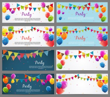 Parti arka plan Baner kümesiyle bayrakları ve balonlar vektör Illust