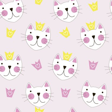 Taç Dikişsiz desen arka plan ile şirin el çizilmiş kedi