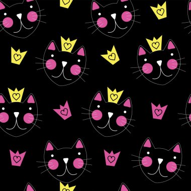 Taç Dikişsiz desen arka plan ile şirin el çizilmiş kedi