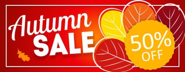 Parlak sonbahar yaprakları satışı büyük başlığı. İş indirim kartı vektör çizim