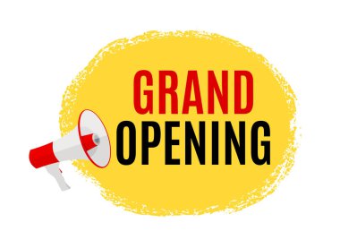 Megafonlu ve Konuşma Baloncuklu Büyük Açılış Kartı. Vektör Illustration EPS10