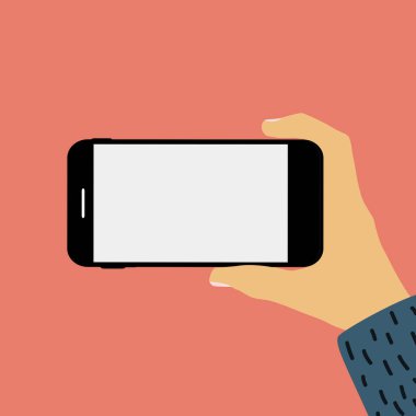 Boş ekran şablonuyla el ele tutuşan cep telefonu. Reklam için kullanılabilir. Vektör Illustration EPS10