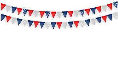 Üzerinde bayraklar ve kurdeleler olan bir pankart. Doğum günü partisi için Tatil Partisi geçmişi, beyaz karnaval. Vektör Illustration EPS10