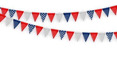 Üzerinde bayraklar ve kurdeleler olan bir pankart. Doğum günü partisi için Tatil Partisi geçmişi, beyaz karnaval. Vektör Illustration EPS10