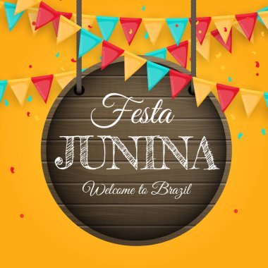 Parti Bayraklı Festa Junina Geçmişi. Brezilya Haziran Festivali Kutlama Kartı, Tatil Davetiyesi. Vektör Illustration EPS10