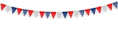 Üzerinde bayraklar ve kurdeleler olan bir pankart. Doğum günü partisi için Tatil Partisi geçmişi, beyaz karnaval. Vektör Illustration EPS10