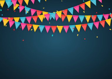 Üzerinde bayraklar ve kurdeleler olan bir pankart. Doğum günü partisi ve karnaval için Tatil Partisi geçmişi. Vektör Illustration EPS10