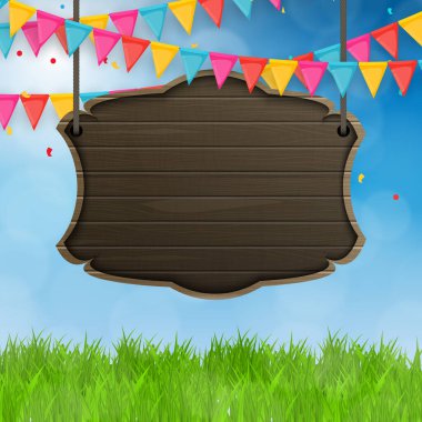 Yeşil Çim Sahası ve Bayram Bayraklı Mavi Gökyüzü Arkaplanı. Vektör İllüstrasyonu. EPS10