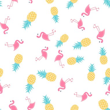 Tropik meyve ananas ve pembe flamingo pürüzsüz arka plan tasarımı. Vektör Illustration EPS10