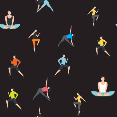 Düz çizgi film tarzında, spor kıyafetleri giymiş, kusursuz bir geçmişi olan kadınlar. Vektör illüstrasyonu EPS10